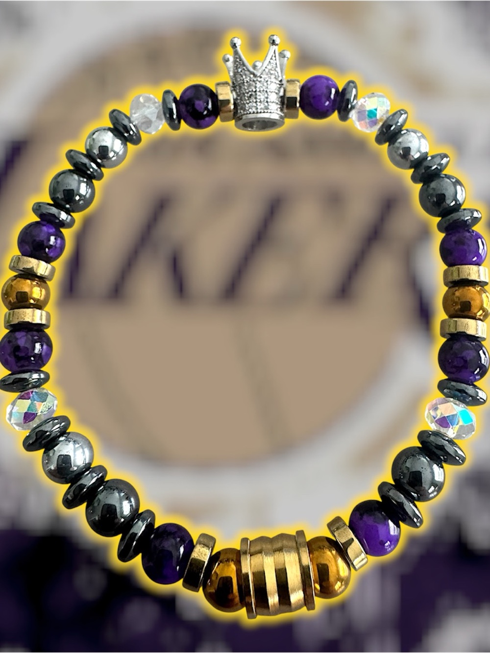 Unisex Lakers Inspired Accent Purple, Gold & Hematite Beaded Bracelet